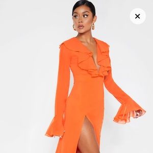 NWT Bright Orange Plunge Frill Maxi Dress Size 8